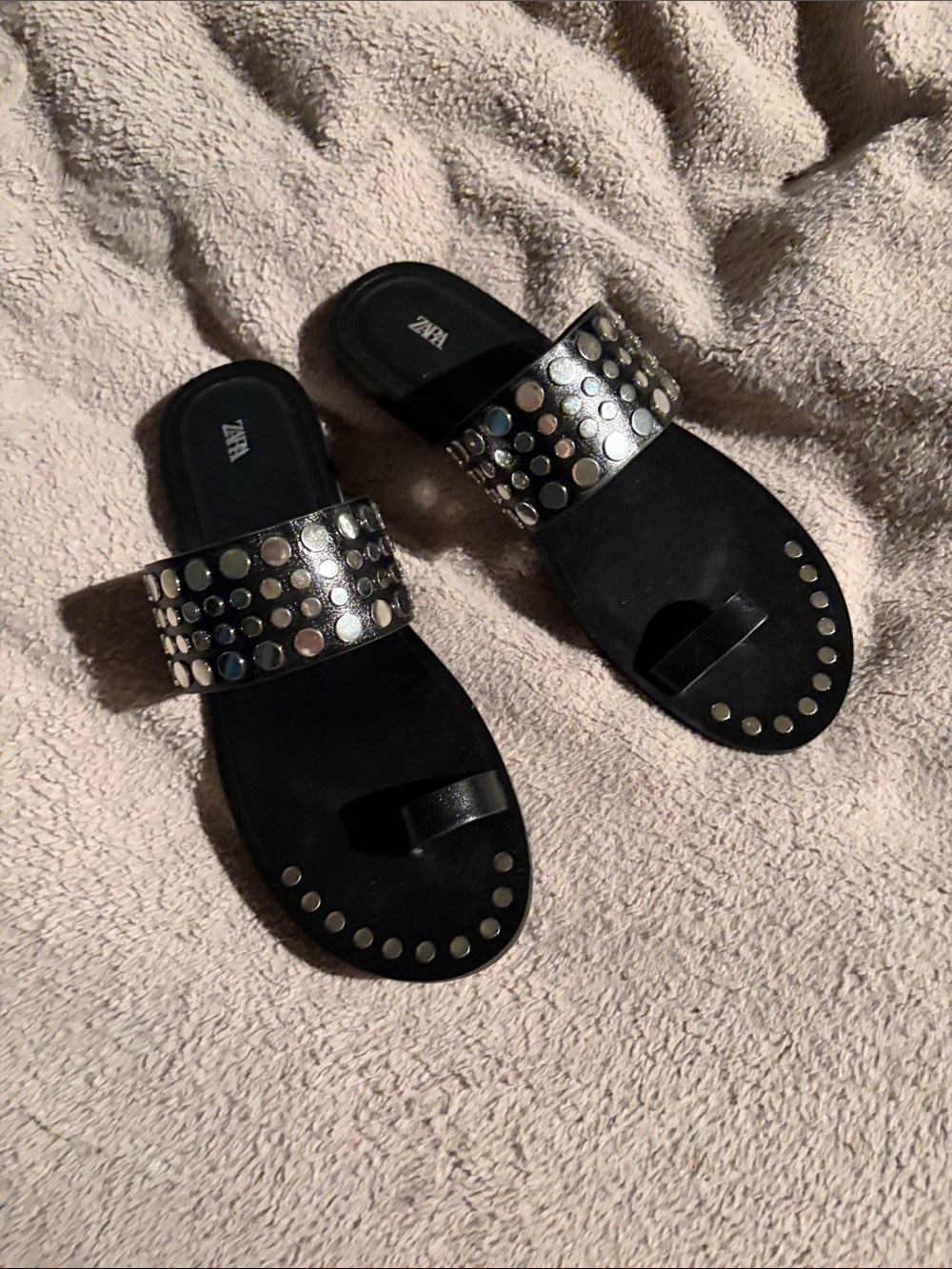 Zara Black leather Slide Sandals with Metallic Stud Accents